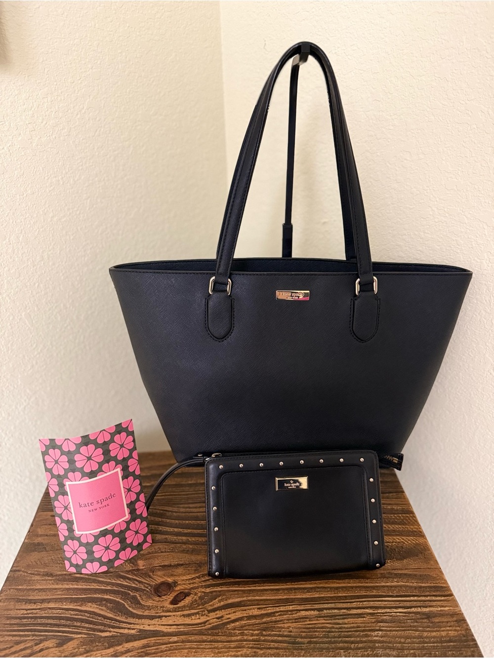 Kate Spade Black Saffiano Tote with Stud-Trim Wristlet | Bundle